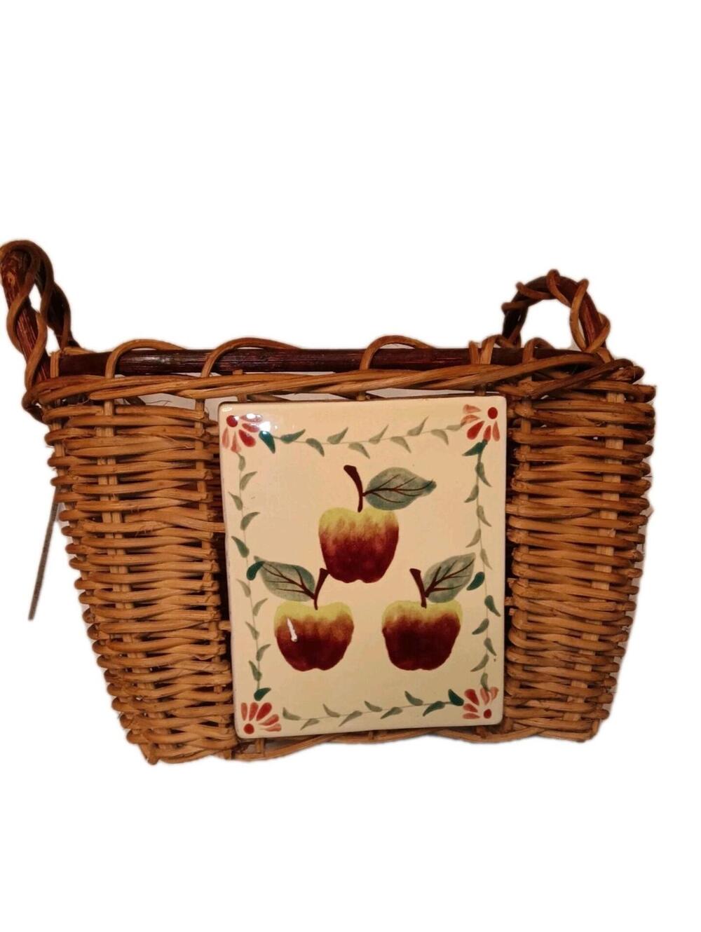 VTG Wicker Square Basket Ceramic Apple Tile Insert 10"X10" 6"Deep